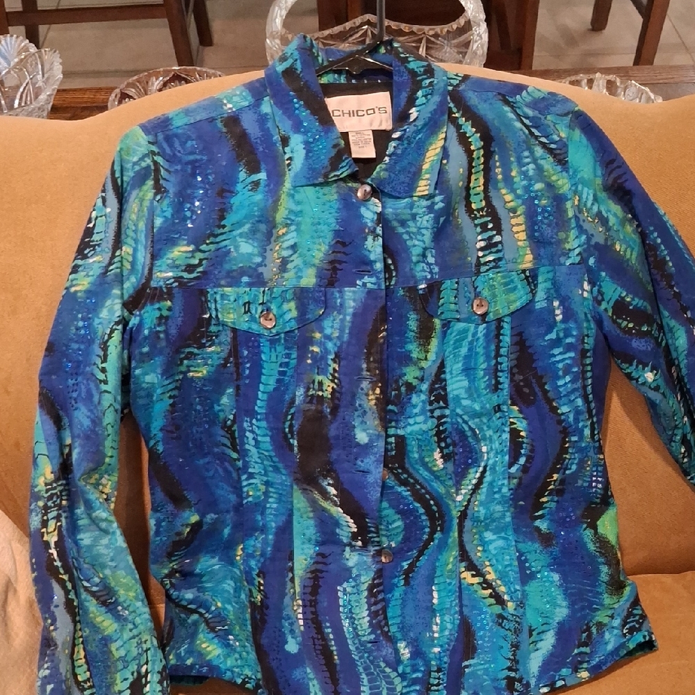 Chico's Blue and Green Patterned Shirt